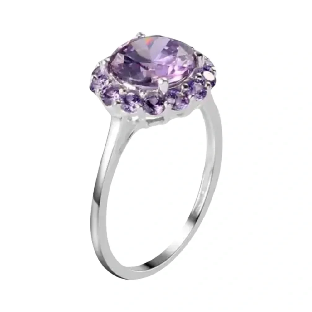 Amethyst Simulated Diamond Halo Ring 925 Sterling Silver Purple Gemstone